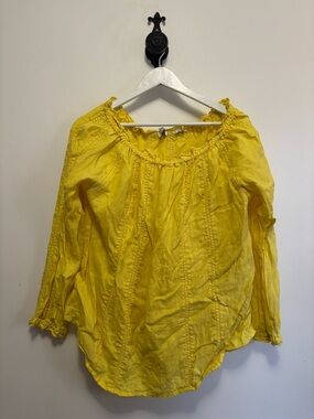 100% Linen Yellow Peasant Blouse - Classic Off-Shoulder Style